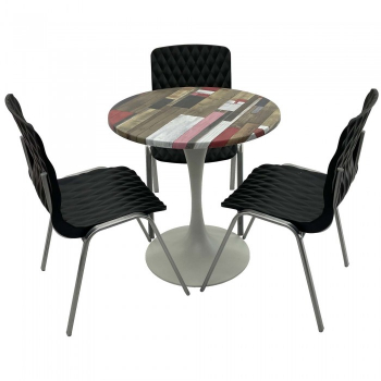 Set mobila de terasa restaurant RAKI Redden Wood masa rotunda 70cm cu blat werzalit si baza metalica alba 3 scaune ROYAL negre 
