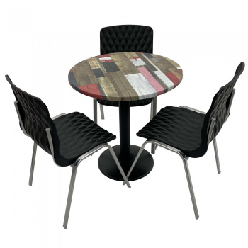 Set mobila de terasa restaurant RAKI Redden Wood masa rotunda 70cm cu blat werzalit si baza metalica negru 3 scaune ROYAL negre 