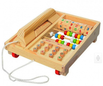 Telefon de jucarie din lemn Montessori multifunctional cu abac si operatii matematice 