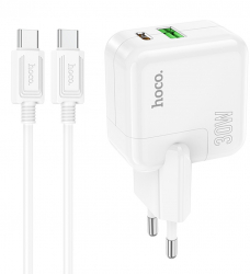 Incarcator Hoco 1 x USB 65W 1x USB Type C Fast Charge 30W cu cablu Type C la Type C Alb HUR-BBL7804 
