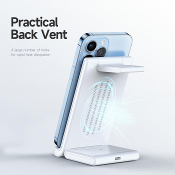 Incarcator wireless vertical 3 in 1 cu cablu Type-C fast charge pentru iPhone/AirPods/Apple Watch 15 W Alb KOF-BBL7996 