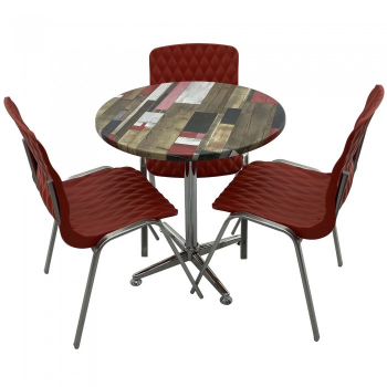 Set mobila de terasa restaurant RAKI Redden Wood masa rotunda 70cm cu blat werzalit si baza clasica 3 scaune ROYAL rosii 