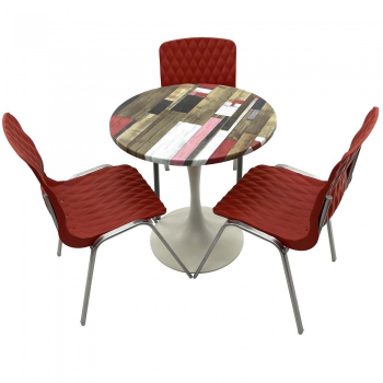 Set mobila de terasa restaurant RAKI Redden Wood masa rotunda 70cm cu blat werzalit si baza metalica alba 3 scaune ROYAL rosii 