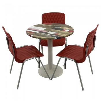 Set mobila de terasa restaurant RAKI Redden Wood masa rotunda 70cm cu blat werzalit si baza metalica culoare alba 3 scaune ROYAL rosii 