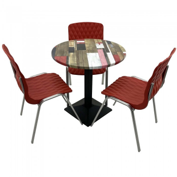 Set mobila de terasa restaurant RAKI Redden Wood masa rotunda 70cm cu blat werzalit si baza metalica culoare negru 3 scaune ROYAL rosii 