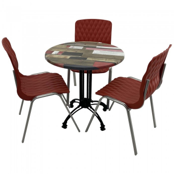 Set mobila de terasa restaurant RAKI Redden Wood masa rotunda 70cm cu blat werzalit si baza retro 3 scaune ROYAL rosii 
