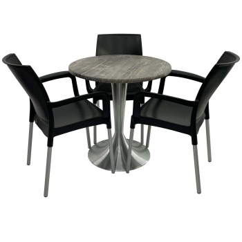 Set 3 scaune SUNSET negru cu masa rotunda 70cm Raki Olp Pine blat werzalit si baza aluminiu 