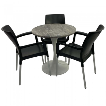Set 3 scaune SUNSET negru cu masa rotunda 70cm Raki Olp Pine blat werzalit si baza metalica alba