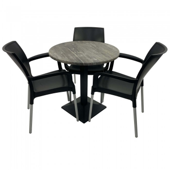 Set 3 scaune SUNSET negru cu masa rotunda 70cm Raki Olp Pine blat werzalit si baza metalica culoare negru 