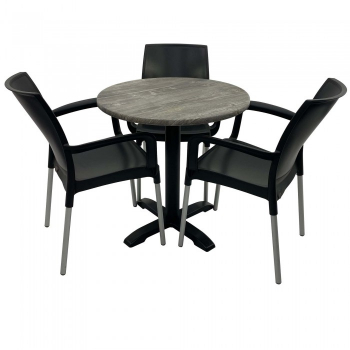Set 3 scaune SUNSET negru cu masa rotunda 70cm Raki Olp Pine blat werzalit si baza metalica 