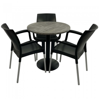 Set 3 scaune SUNSET negru cu masa rotunda 70cm Raki Olp Pine blat werzalit si baza metalica negru 