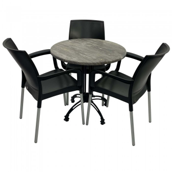 Set 3 scaune SUNSET negru cu masa rotunda 70cm Raki Olp Pine blat werzalit si picior aluminiu retro 