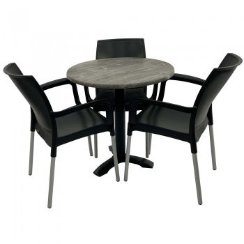 Set 3 scaune SUNSET negru cu masa rotunda 70cm Raki Olp Pine blat werzalit si picior metalic culoare negru 