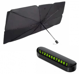 Set Universal Parasolar Auto Pliabil pentru Masina in Forma de Umbrela Negu 145 x 75 cm Afisaj numar telefon suport bord masina
