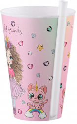 Pahar din plastic cu pai nedetasabil model I love my best friends 400 ml Multicolor 