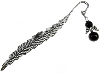 Semn de carte metalic pana cu ingeras onix natural 