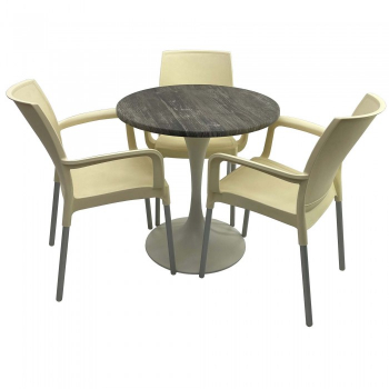 Set bistro de exterior masa rotunda 70cm Raki Olp Pine blat werzalit si baza metalica alba 3 scaune SUNSET crem 