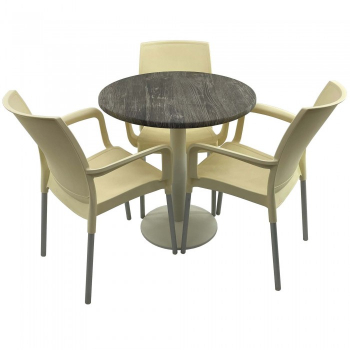 Set bistro de exterior masa rotunda 70cm Raki Olp Pine blat werzalit si baza metalica culoare alba 3 scaune SUNSET crem 