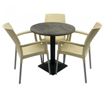 Set bistro de exterior masa rotunda 70cm Raki Olp Pine blat werzalit si baza metalica culoare negru 3 scaune SUNSET crem 