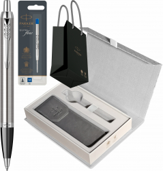 Pix Parker IM Royal Essential Stainless Steel CT Personalizat prin Gravura + rezerva pix Quink Flow in Cutie cu Etui Royal si punga Parker 