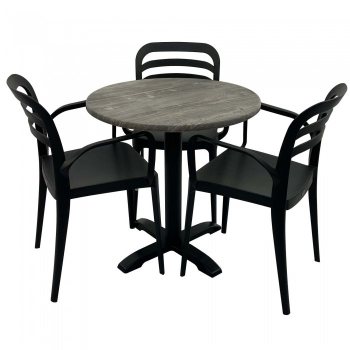 Set mobila de terasa restaurant Raki Olp Pine masa rotunda 70cm cu blat werzalit si baza metalica 3 scaune ASPENDOS cu brate negre 