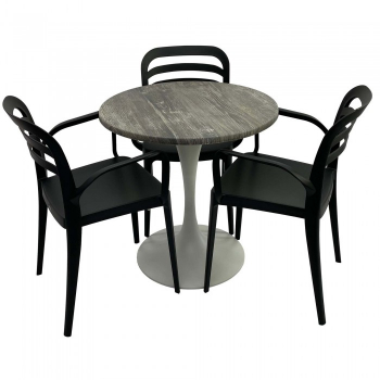 Set mobila de terasa restaurant Raki Olp Pine masa rotunda 70cm cu blat werzalit si baza metalica alba 3 scaune ASPENDOS cu brate negre 