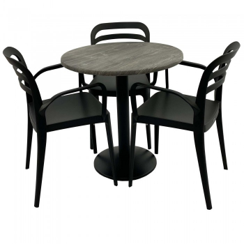 Set mobila de terasa restaurant Raki Olp Pine masa rotunda 70cm cu blat werzalit si baza metalica negru 3 scaune ASPENDOS cu brate negre 