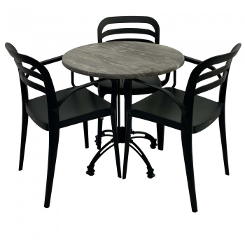 Set mobila de terasa restaurant Raki Olp Pine masa rotunda 70cm cu blat werzalit si baza retro 3 scaune ASPENDOS cu brate negre 