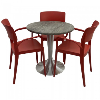 Set mobila de terasa restaurant Raki Olp Pine masa rotunda 70cm cu blat werzalit si baza aluminiu 3 scaune PANORA cu brate rosii 