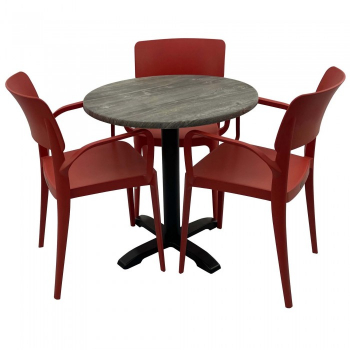 Set mobila de terasa restaurant Raki Olp Pine masa rotunda 70cm cu blat werzalit si baza metalica 3 scaune PANORA cu brate rosii 