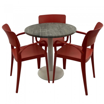 Set mobila de terasa restaurant Raki Olp Pine masa rotunda 70cm cu blat werzalit si baza metalica culoare alba 3 scaune PANORA cu brate ros 