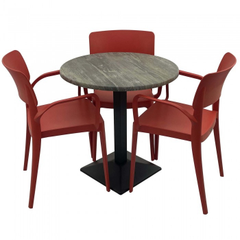 Set mobila de terasa restaurant Raki Olp Pine masa rotunda 70cm cu blat werzalit si baza metalica culoare negru 3 scaune PANORA cu brate ros 
