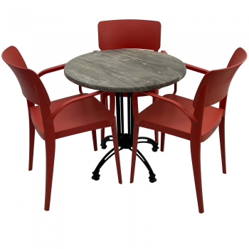 Set mobila de terasa restaurant Raki Olp Pine masa rotunda 70cm cu blat werzalit si baza retro 3 scaune PANORA cu brate rosii 