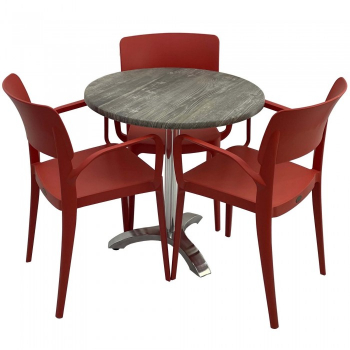Set mobila de terasa restaurant Raki Olp Pine masa rotunda 70cm cu blat werzalit si picior aluminiu 3 scaune PANORA cu brate rosii 