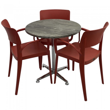 Set mobila de terasa restaurant Raki Olp Pine masa rotunda 70cm cu blat werzalit si picior cromat 3 scaune PANORA cu brate rosii 