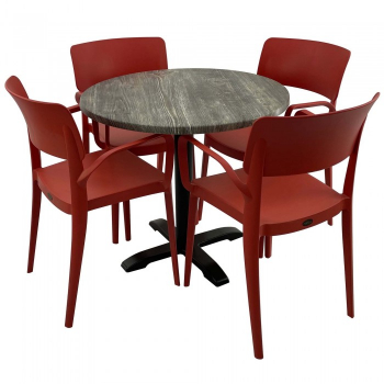 Set mobila de terasa restaurant Raki Olp Pine masa rotunda 80cm cu blat werzalit si baza metalica 4 scaune PANORA cu brate rosii 