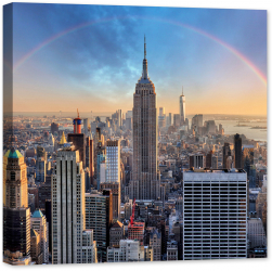 Tablou luminos in intuneric GlowforHome Panorama si vedere incredibila asupra New York City la rasarit si curcubeu 80 cm x 80 cm 