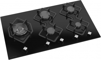 Plita incorporabila Studio Casa Diamante Vetro 90 cm 5 arzatoare gaz Wok Aprindere electrica Gratare fonta Sticla termorezistenta Negru 