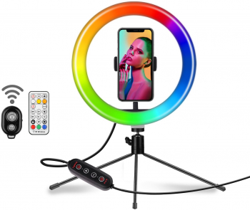 Lampa Selfie RGB 3 moduri de iluminare alb multicolor RGB telecomanda bluetooth 25 cm suport de telefon alimentare usb