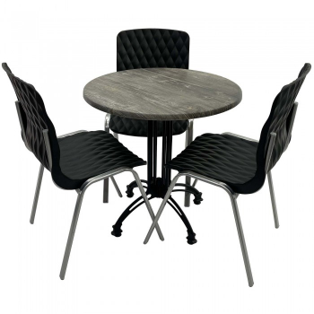 Set mobila de terasa restaurant Raki Olp Pine masa rotunda 70cm cu blat werzalit si baza retro 3 scaune ROYAL negre