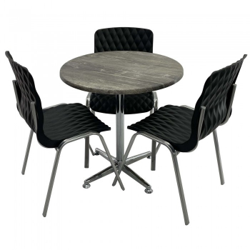Set mobila de terasa restaurant Raki Olp Pine masa rotunda 70cm cu blat werzalit si picior cromat 3 scaune ROYAL negre 