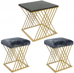 Set Masuta de Cafea cu 2 Tabureti Roma Deluxe Blat din Granit Black Galaxy Sezut Blana Naturala Gri Antracit/Negru/Auriu 