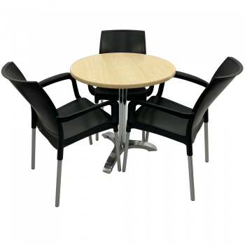 Set 3 scaune SUNSET negru cu masa rotunda 70cm Raki Maple blat werzalit si picior aluminiu 