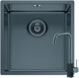 Set chiuveta si baterie Pyramis ASTRIS COLORA dimensiune 40x40cm adancime 20cm baterie pipa inalta finisaj inox PVD gun metal 