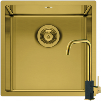 Set chiuveta si baterie Pyramis ASTRIS COLORA dimensiune 40x40cm adancime 20cm baterie pipa inalta finisaj inox PVD gold 