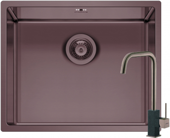 Set chiuveta si baterie Pyramis ASTRIS COLORA dimensiune 50x40cm adancime 20cm baterie pipa inalta finisaj inox PVD cupru 