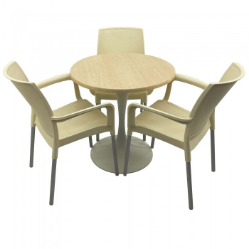 Set bistro de exterior masa rotunda 70cm Raki Maple blat werzalit si baza metalica alba 3 scaune SUNSET crem 