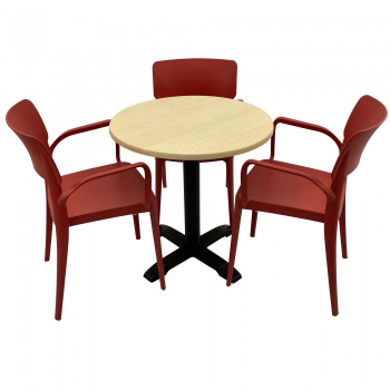 Set mobila de terasa restaurant Raki Maple masa rotunda 70cm cu blat werzalit si baza metalica 3 scaune PANORA cu brate rosii 