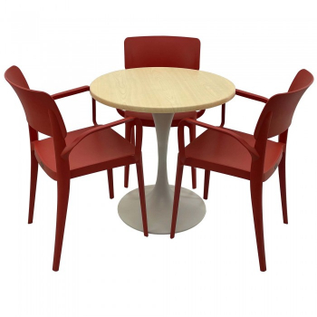 Set mobila de terasa restaurant Raki Maple masa rotunda 70cm cu blat werzalit si baza metalica alba 3 scaune PANORA cu brate rosii 