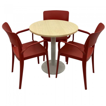 Set mobila de terasa restaurant Raki Maple masa rotunda 70cm cu blat werzalit si baza metalica culoare alba 3 scaune PANORA cu brate rosii 